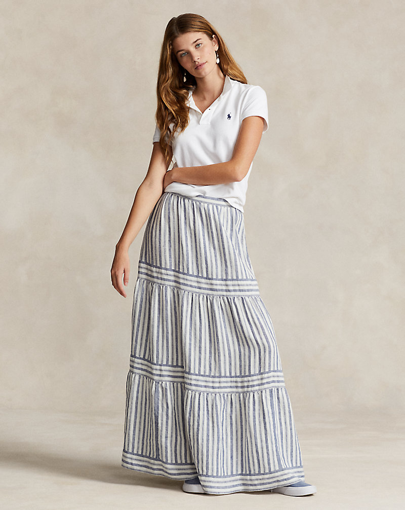 Striped Tiered A-Line Linen Skirt Polo Ralph Lauren 1