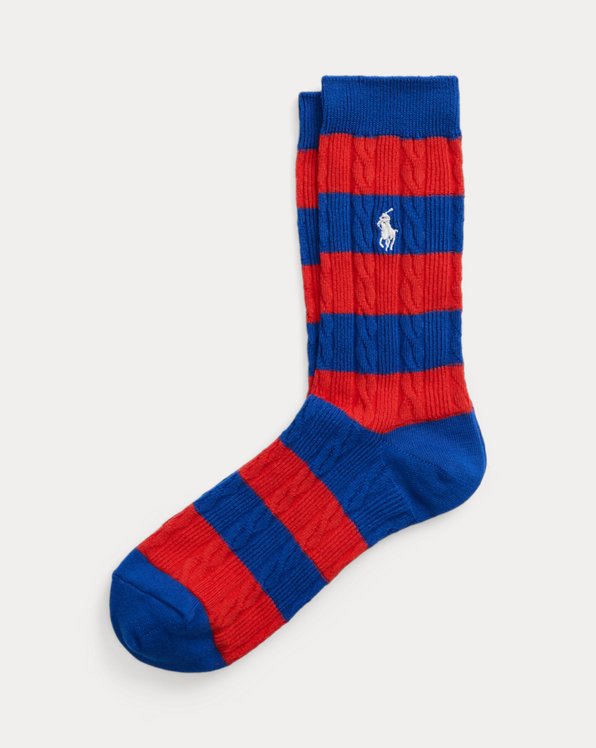 Rugby-Stripe Cable-Knit Crew Socks