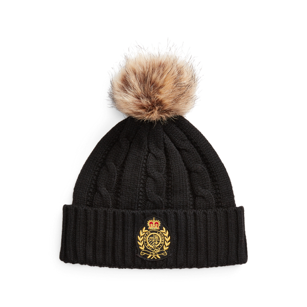 Crest-Patch Pom-Pom Cable-Knit Beanie