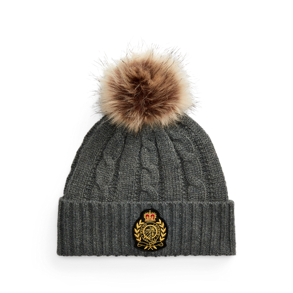 Crest-Patch Pom-Pom Cable-Knit Beanie