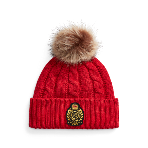 Crest-Patch Pom-Pom Cable-Knit Beanie