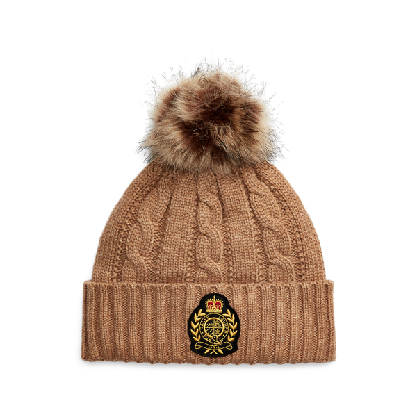 Crest-Patch Pom-Pom Cable-Knit Beanie