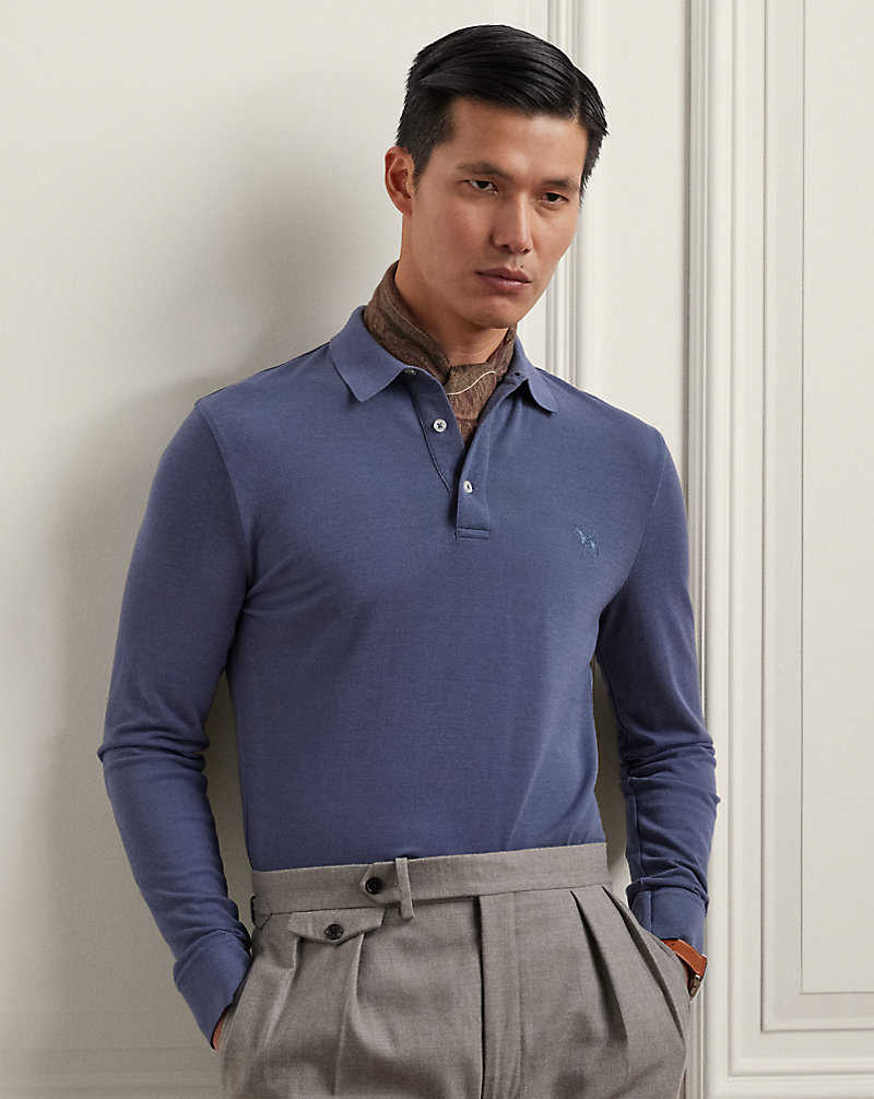Wool Piqué Long-Sleeve Polo Shirt Purple Label 1