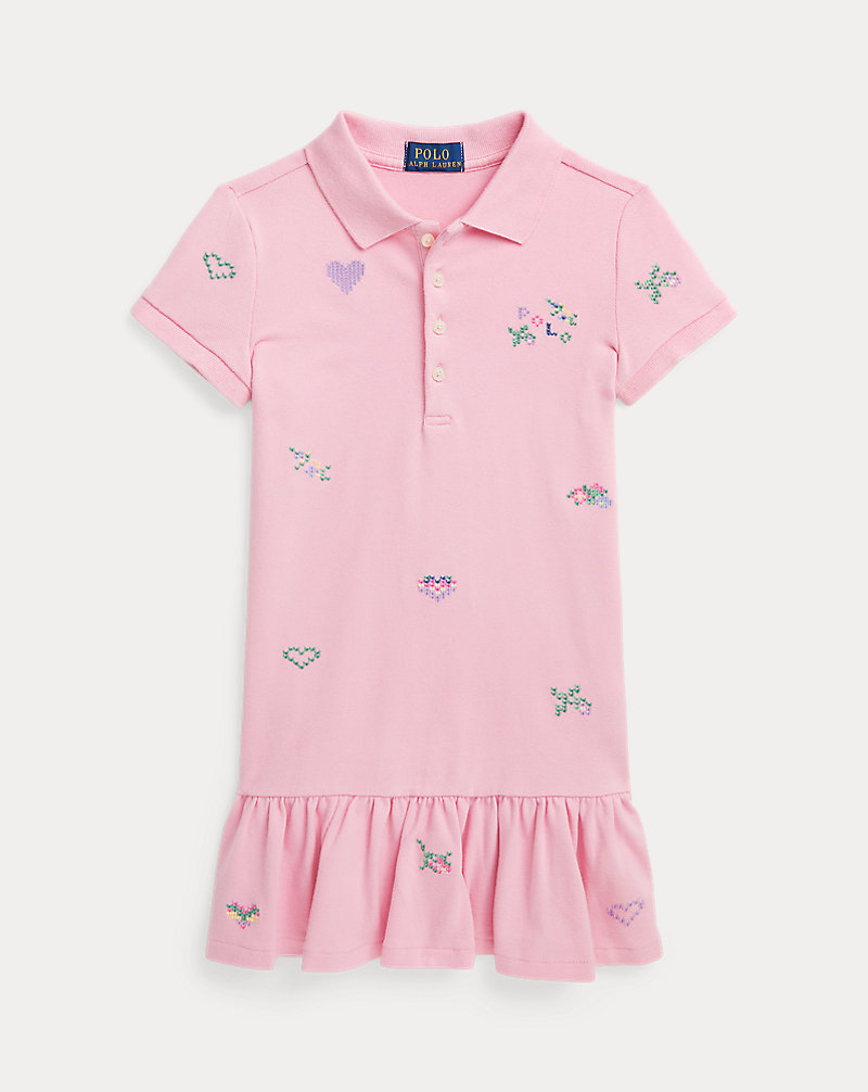 Embroidered Stretch Mesh Polo Dress Girls 2-6x 1