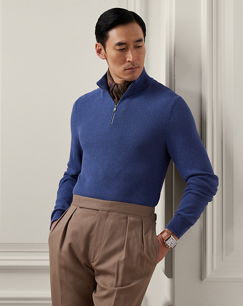 Textured Silk-Cotton Quarter-Zip Sweater Purple Label 1