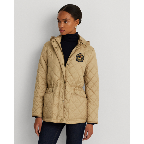 Crest-Patch Diamond-Quilted Hooded Coat