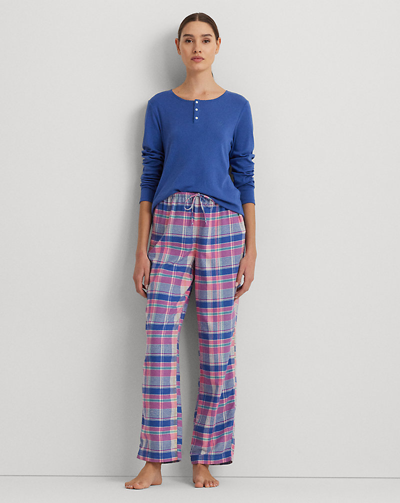 Plaid Cotton-Blend Henley Pajama Set Lauren 1