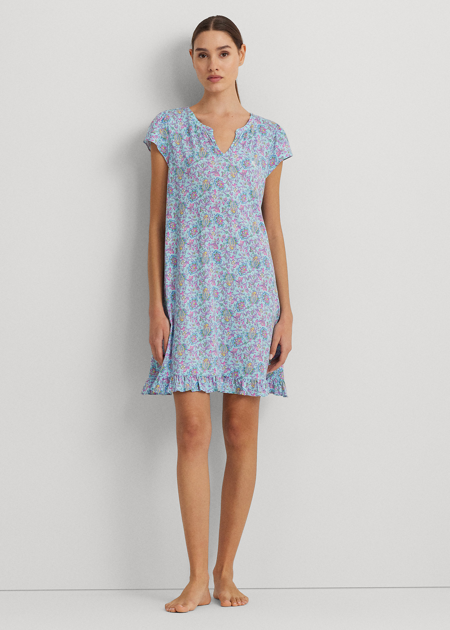 Floral Jersey Flutter-Sleeve Nightgown