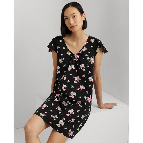 Black Ground Floral Floral Poplin Flutter-Sleeve Nightgown Lauren 1