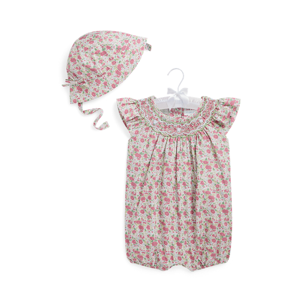Floral Hand-Smocked Shortall and Hat Set