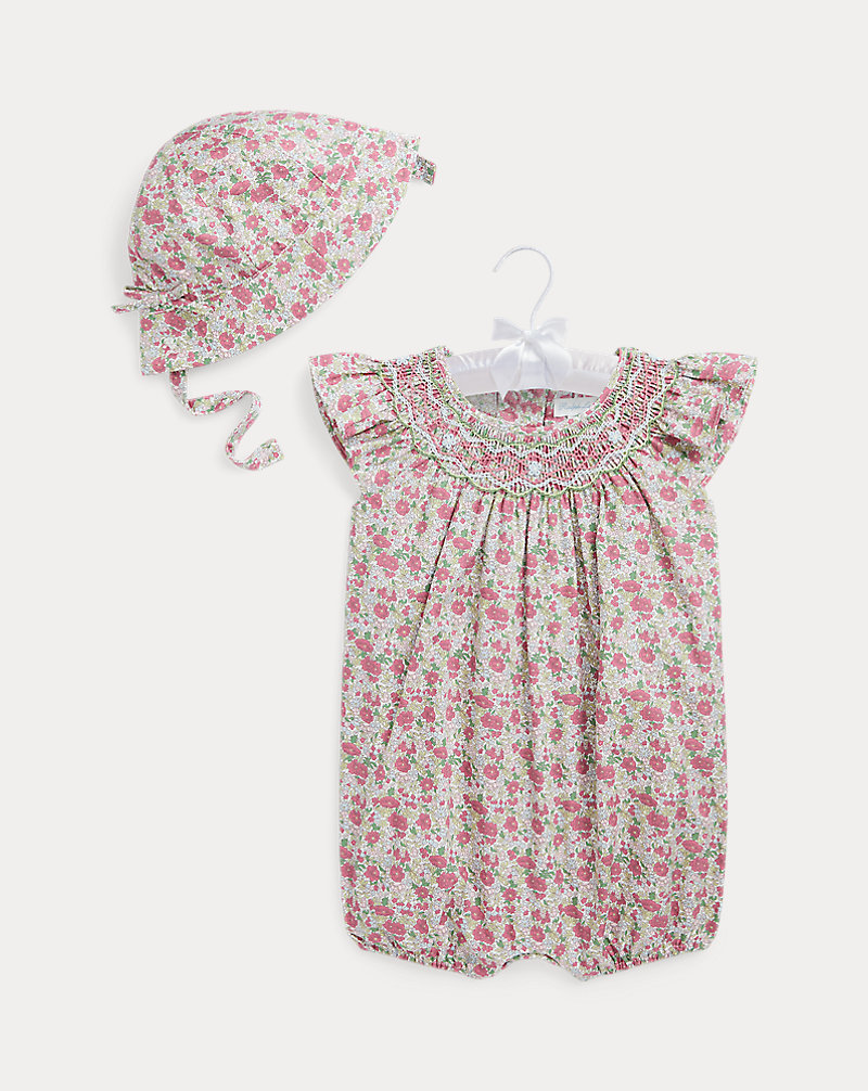 Floral Hand-Smocked Shortall and Hat Set Baby Girl 1