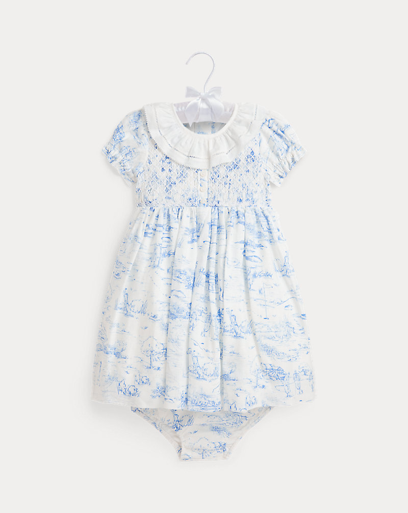 Hand-Smocked Toile Linen Dress &amp; Bloomer Baby Girl 1