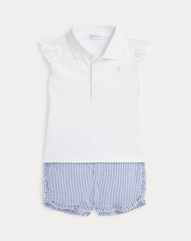 Mesh Polo Shirt &amp; Seersucker Short Set Baby Girl 1