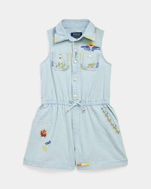 Embroidered Cotton Chambray Romper