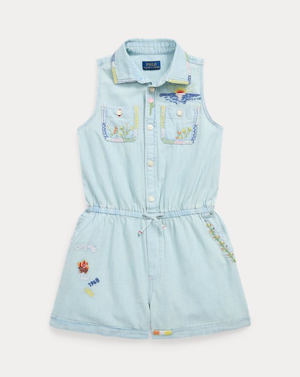 Embroidered Cotton Chambray Playsuit