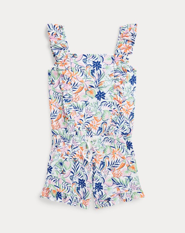 Tropical-Print Ruffled Cotton Playsuit