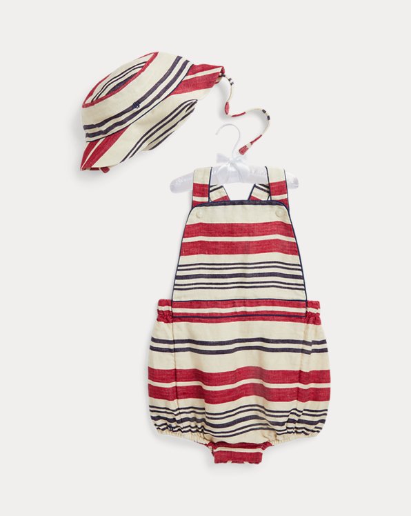 Striped Linen Bubble Shortall & Hat Set