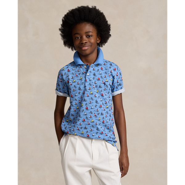 Sailboat-Print Cotton Mesh Polo Shirt