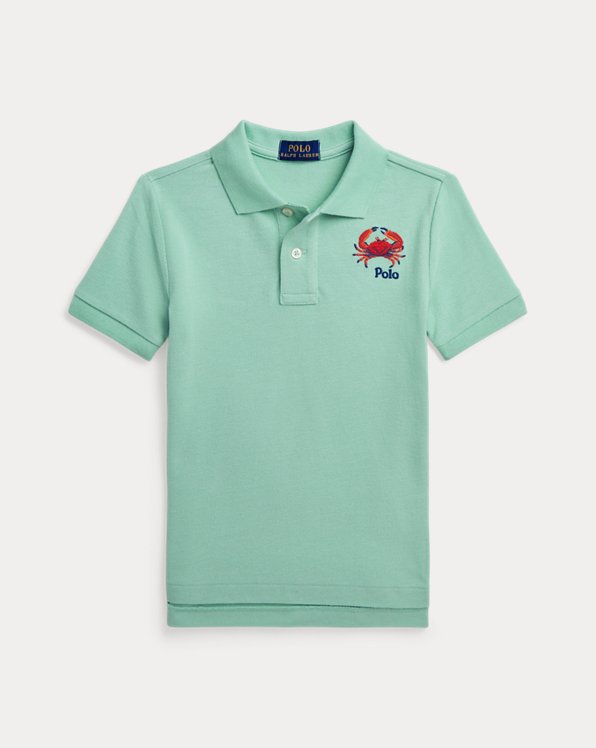 Crab-Embroidered Cotton Mesh Polo Shirt