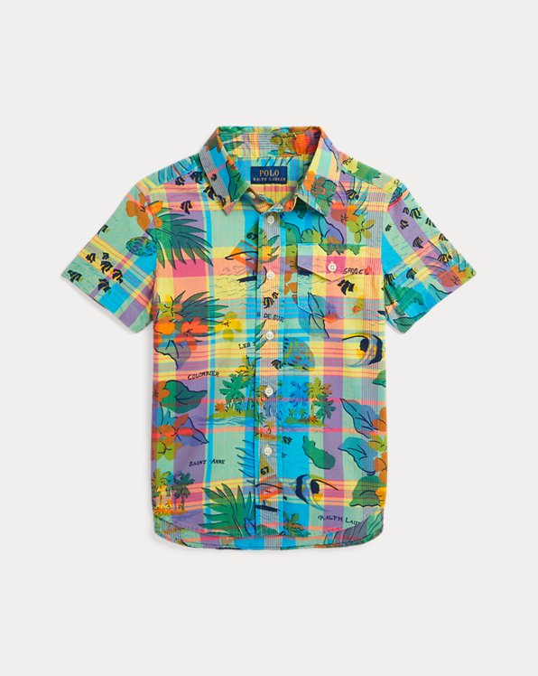 Tropical-Print Cotton Madras Shirt