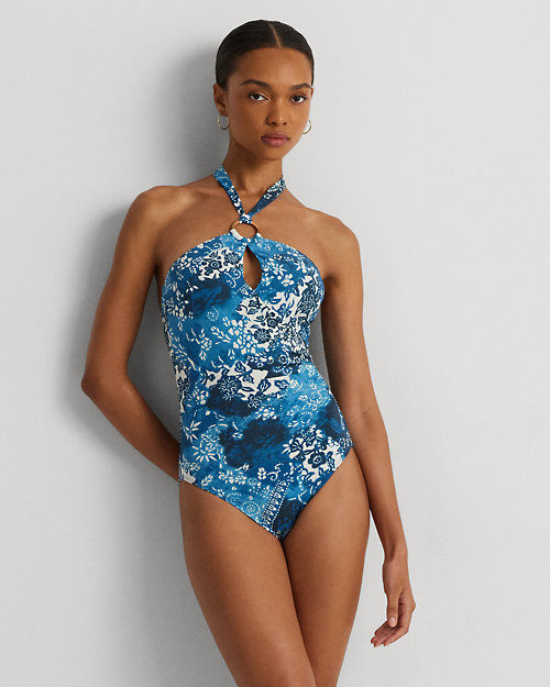 Print Ring-Front High-Neck One-Piece
