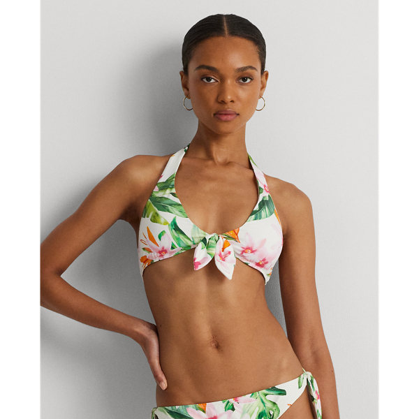 Floral Tie-Front Halter Bikini Top