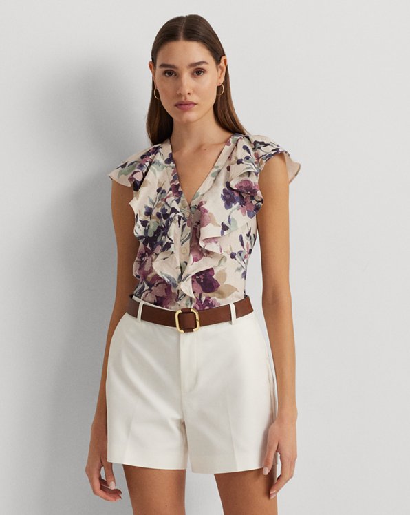 Floral Linen Flutter-Sleeve Shirt