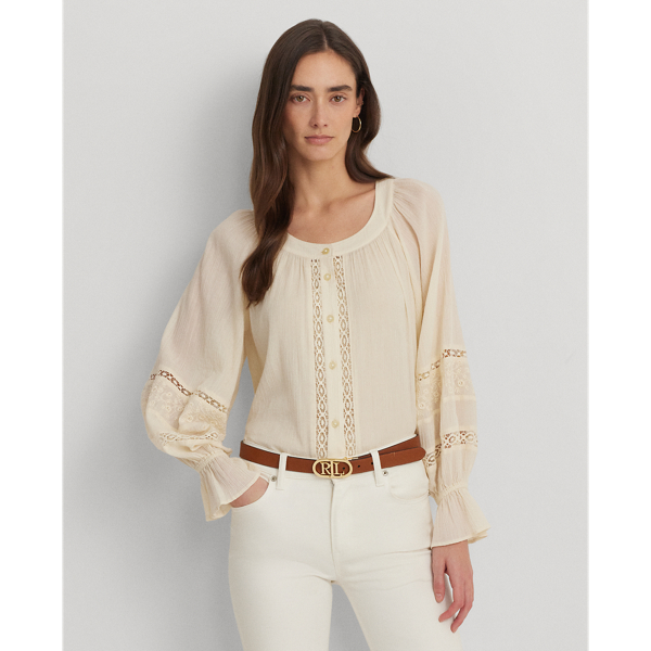Lace-Trim Cotton Blouson-Sleeve Shirt