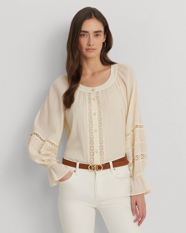 Lace-Trim Cotton Blouson-Sleeve Shirt