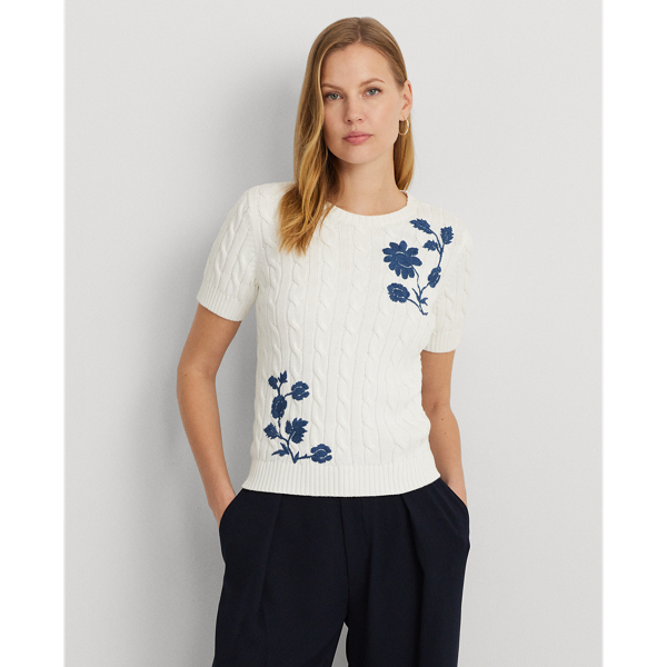 Abstract Floral Embroidered Knit Short Sleeve Top
