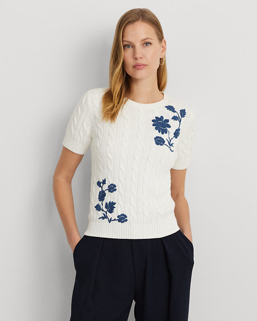 Floral Cable-Knit Short-Sleeve Sweater