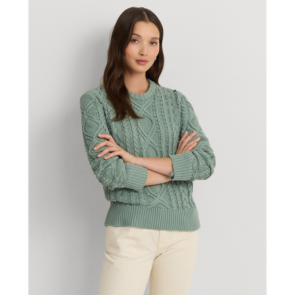 Aran-Knit Cotton-Blend Crewneck Jumper Lauren 1