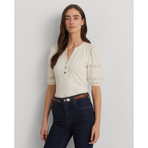 Lace-Trim Jersey Puff-Sleeved Henley Tee