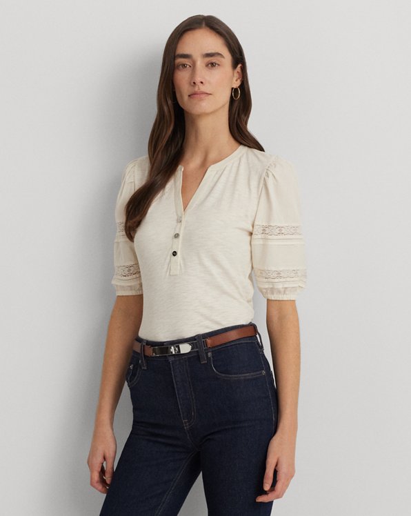 Lace-Trim Jersey Puff-Sleeved Henley Tee
