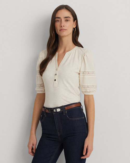 Lace-Trim Jersey Puff-Sleeve Henley Tee