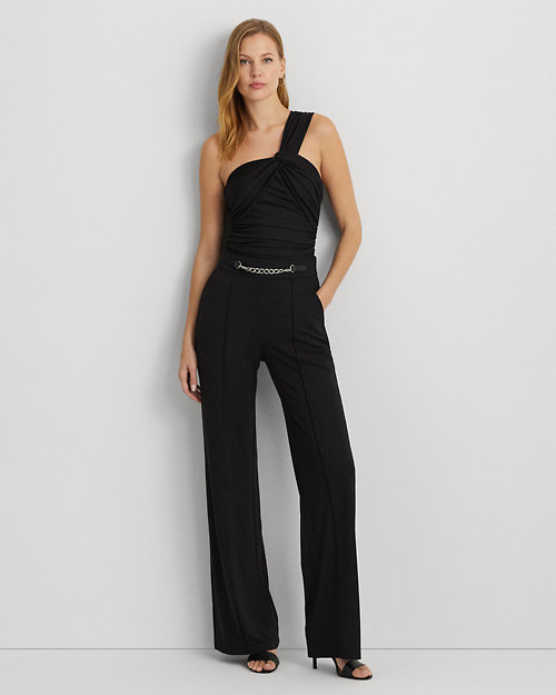Chain-Trim Pleated Jersey Wide-Leg Pant