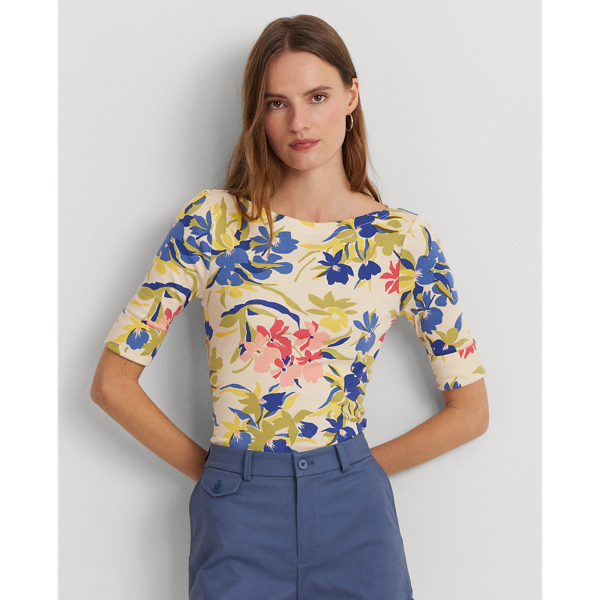 Floral Stretch Cotton Boatneck T-shirt