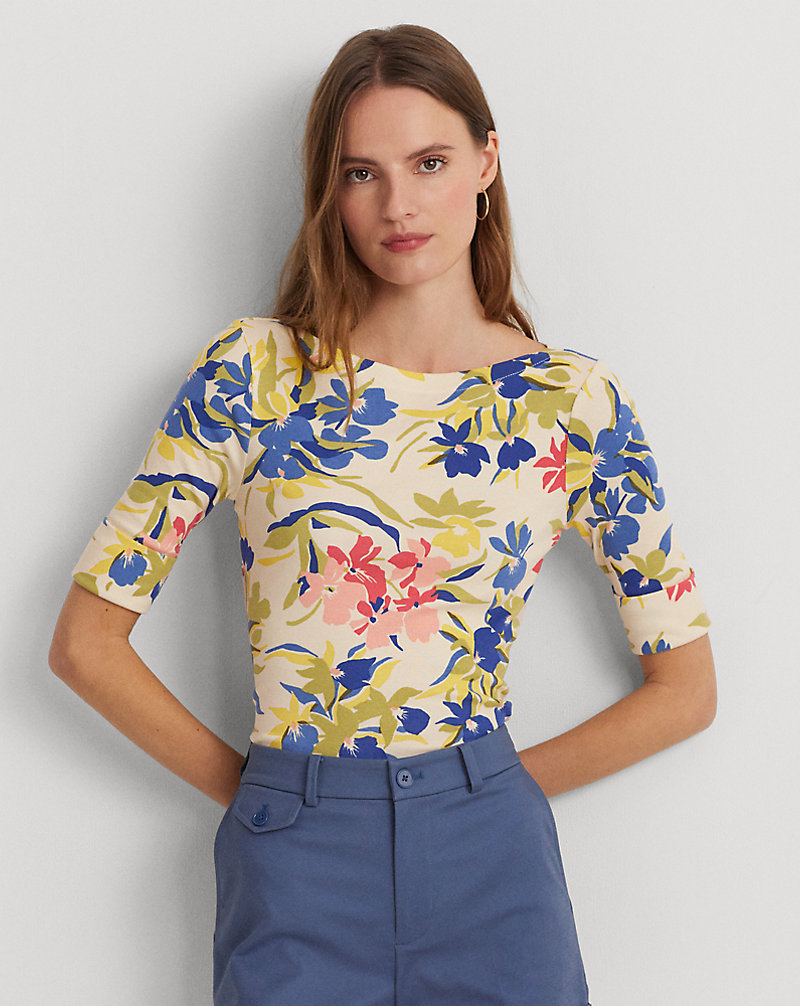 Floral Stretch Cotton Boatneck T-shirt Lauren 1
