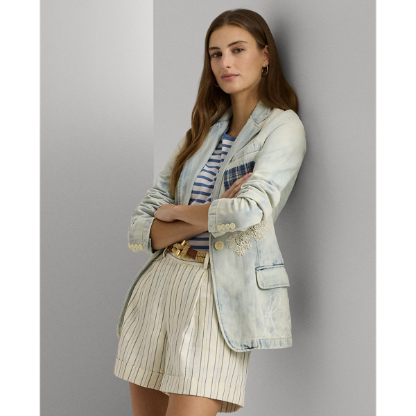 Denim Oversized Patchwork Blazer with Pocket (Khaki)