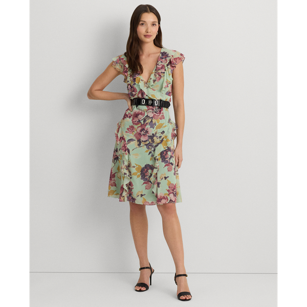 Floral Ruffle-Trim Georgette Dress