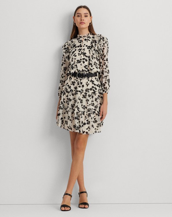 Leaf-Print Ruffle-Trim Georgette Dress