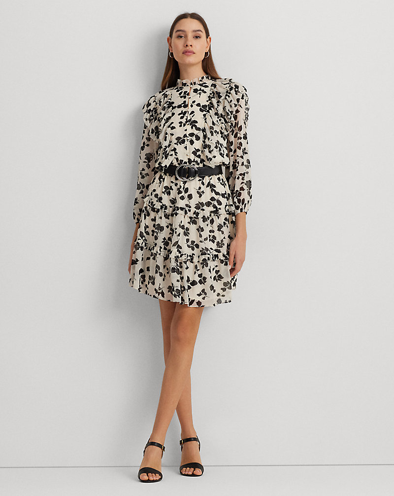 Leaf-Print Ruffle-Trim Georgette Dress Lauren 1