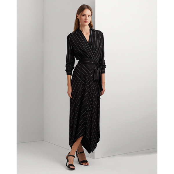 Pinstripe Belted Twill Surplice Dress