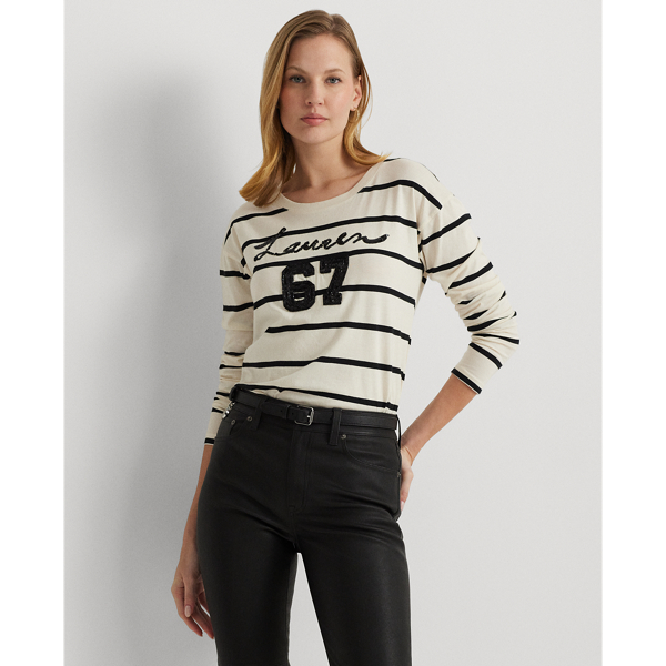 Sequined-Logo Jersey Long-Sleeve Tee Lauren 1