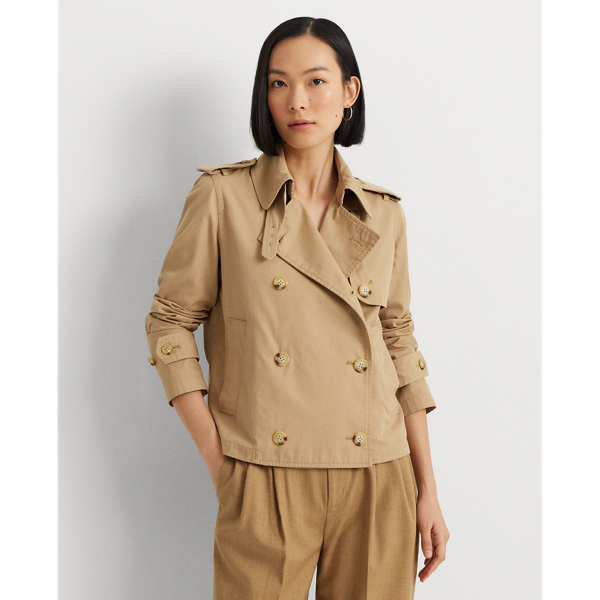 Short Double-Breasted Twill Trench Coat