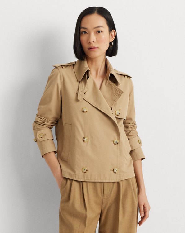 Short Double-Breasted Twill Trench Coat