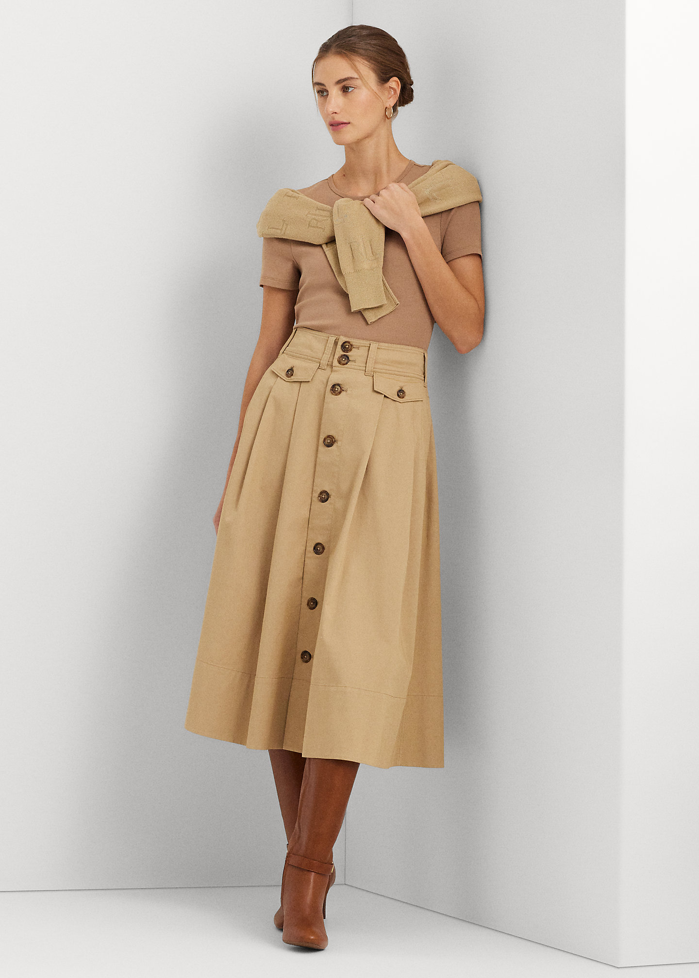 Button-Front Micro-Sanded Twill Skirt