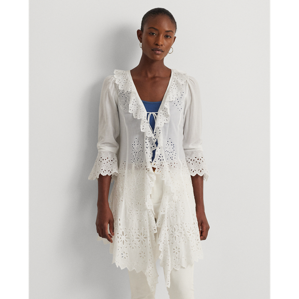 Ruffle-Trim Eyelet Voile Shirt Jacket