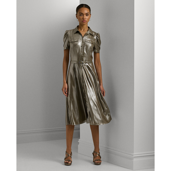 Belted Metallic Chiffon Shirtdress