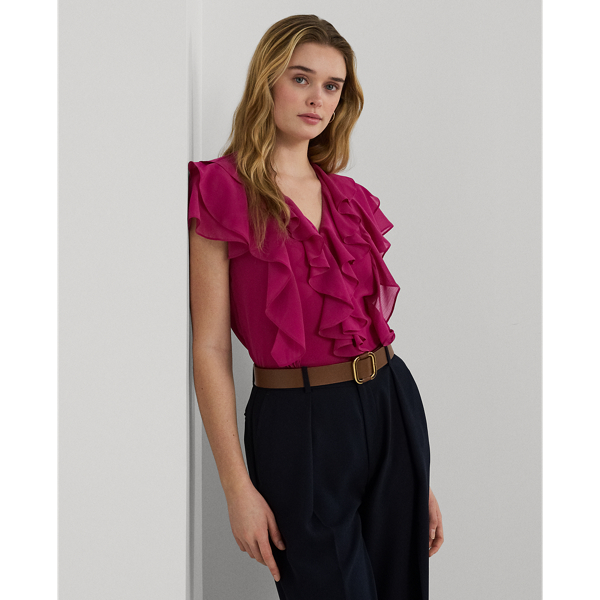 Ruffle-Trim Crinkle Georgette Blouse